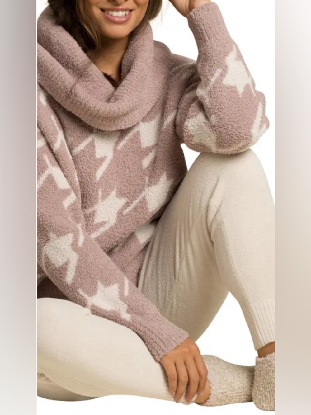 Barefoot Dreams Taupe & White Shawl Collar Sweater Medium CozyChic Knit Chucky